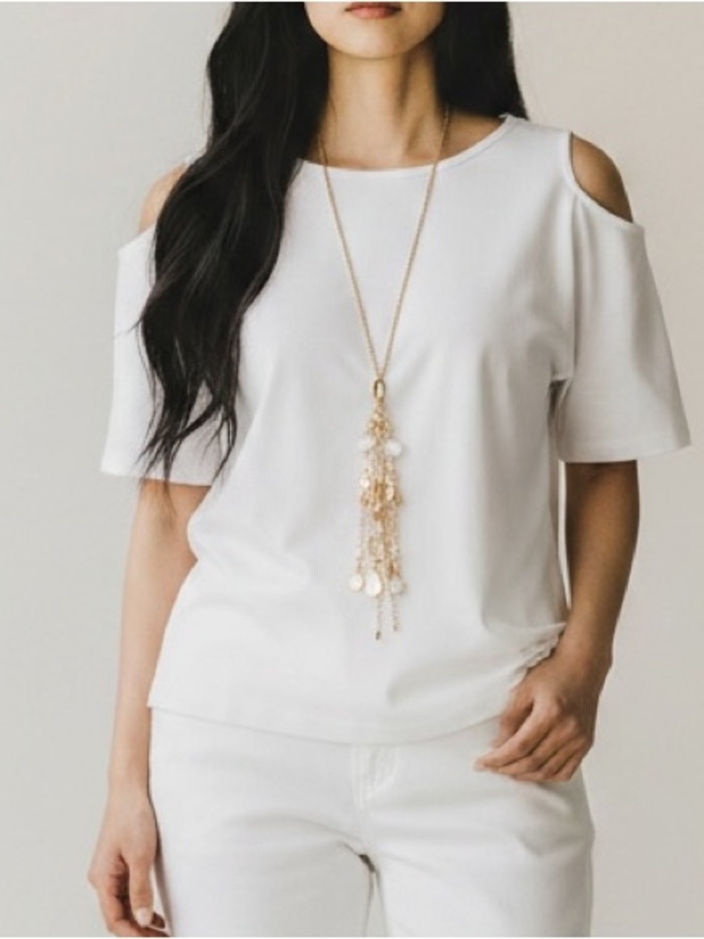 Chico’s Cold Shoulder Tie Sleeve Knit Sweater Top Ivory Size 1 M
